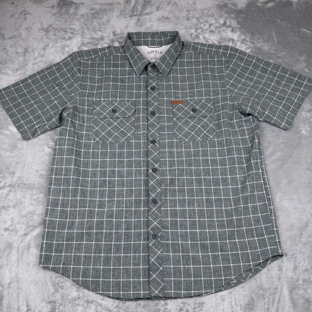 Orvis Plaid Button Up Hiking Shirt Mens L  Short Sleeve Gray Plaid Quick Dry